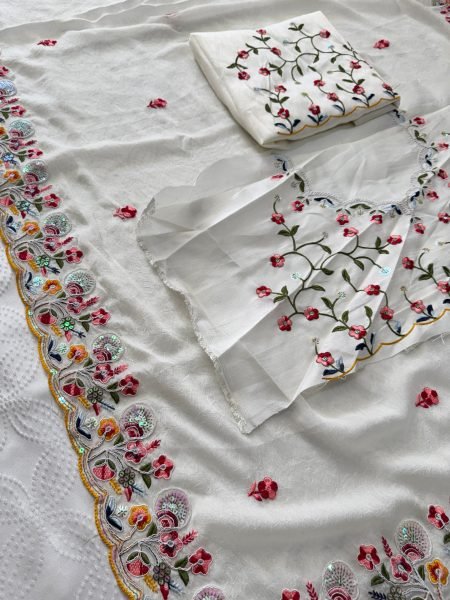 Elegant White Crush Silk Embroidered Saree with Cutwork Border for Wedding Wear Silk Sarees Wholesale