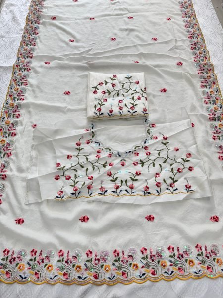 Elegant White Crush Silk Embroidered Saree with Cutwork Border for Wedding Wear Silk Sarees Wholesale
