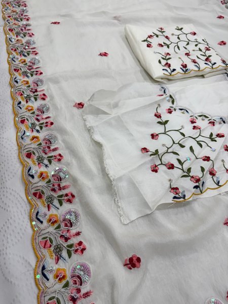 Elegant White Crush Silk Embroidered Saree with Cutwork Border for Wedding Wear Silk Sarees Wholesale