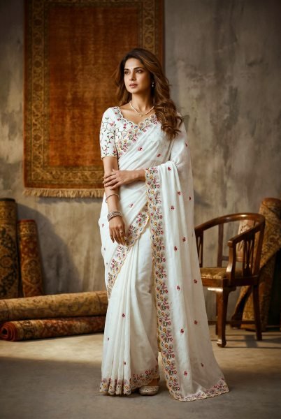 Elegant White Crush Silk Embroidered Saree with Cutwork Border for Wedding Wear Silk Sarees Wholesale
