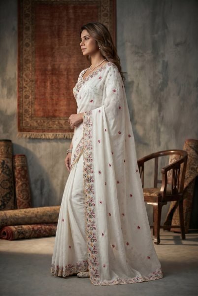Elegant White Crush Silk Embroidered Saree with Cutwork Border for Wedding Wear Silk Sarees Wholesale