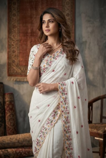 Elegant White Crush Silk Embroidered Saree with Cutwork Border for Wedding Wear Silk Sarees Wholesale