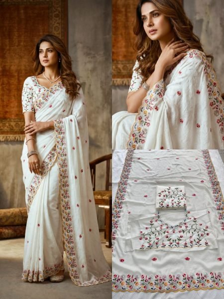 Elegant White Crush Silk Embroidered Saree with Cutwork Border for Wedding Wear Silk Sarees Wholesale
