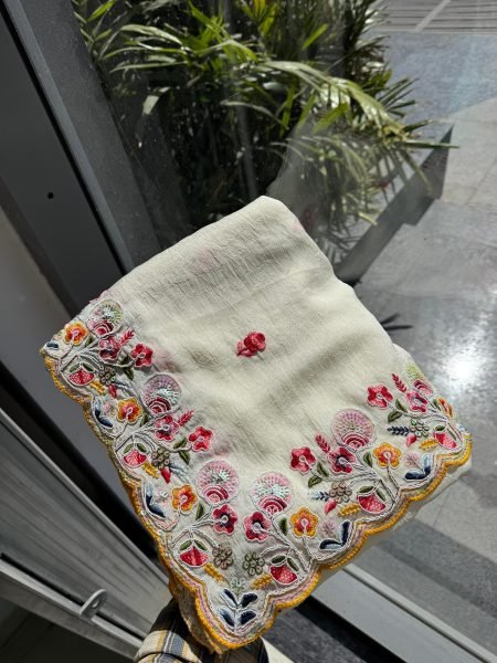 Elegant White Crush Silk Embroidered Saree with Cutwork Border for Wedding Wear Silk Sarees Wholesale