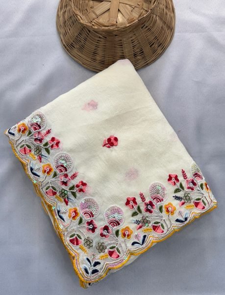 Elegant White Crush Silk Embroidered Saree with Cutwork Border for Wedding Wear Silk Sarees Wholesale