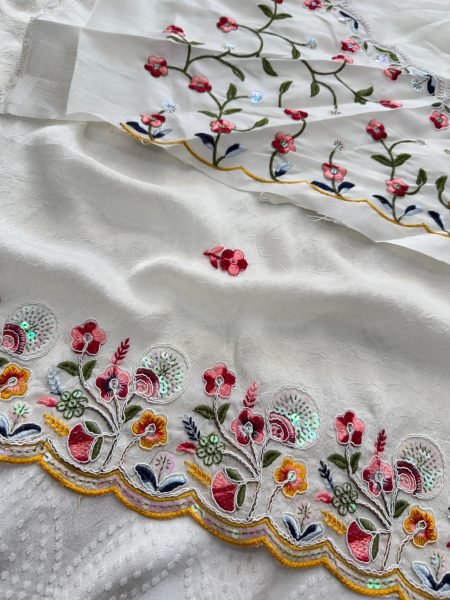 Elegant White Crush Silk Embroidered Saree with Cutwork Border for Wedding Wear Silk Sarees Wholesale