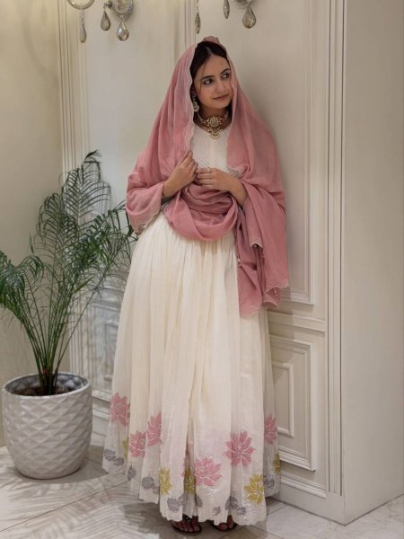 Elegant White Designer Heavy Faux Georgette Gown Set with Embroidery Work At Factory Price  Ready To Wear Suit