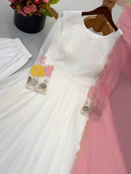 Elegant White Designer Heavy Faux Georgette Gown Set with Embroidery Work At Factory Price  Ready To Wear Collection