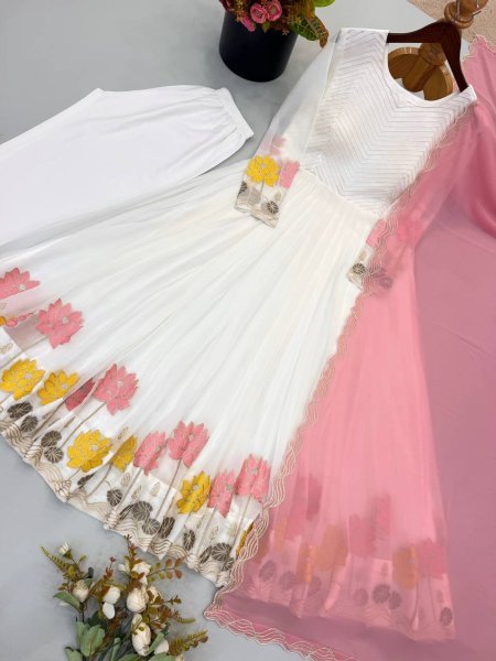 Elegant White Designer Heavy Faux Georgette Gown Set with Embroidery Work At Factory Price  Ready To Wear Collection