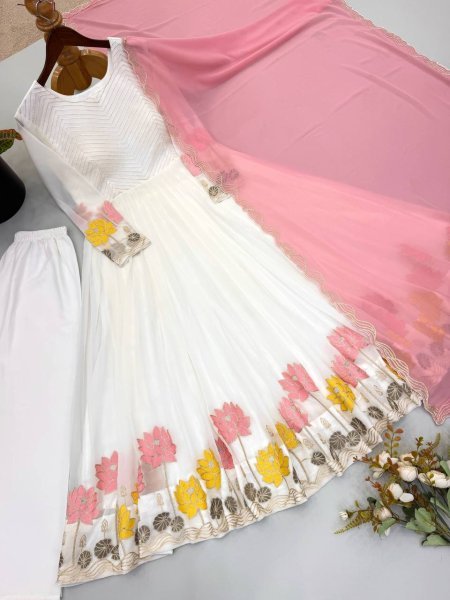 Elegant White Designer Heavy Faux Georgette Gown Set with Embroidery Work At Factory Price  Ready To Wear Collection