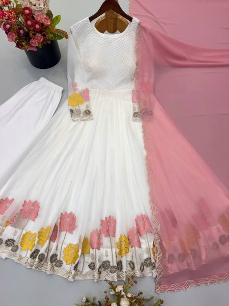 Elegant White Designer Heavy Faux Georgette Gown Set with Embroidery Work At Factory Price  Ready To Wear Collection