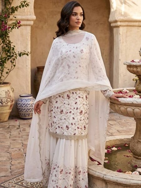 Elegant White Georgette Sharara Set with Zari and Thread Work for Festive Wear Ready To Wear Suit