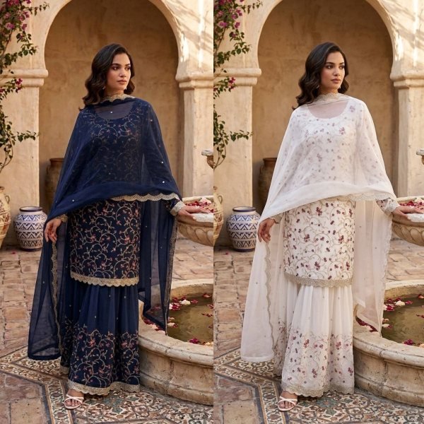 Elegant White Georgette Sharara Set with Zari and Thread Work for Festive Wear Ready To Wear Collection