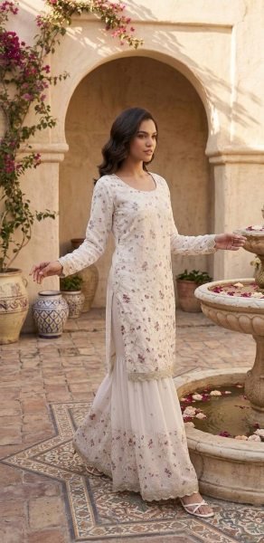Elegant White Georgette Sharara Set with Zari and Thread Work for Festive Wear Ready To Wear Collection