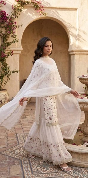 Elegant White Georgette Sharara Set with Zari and Thread Work for Festive Wear Ready To Wear Collection