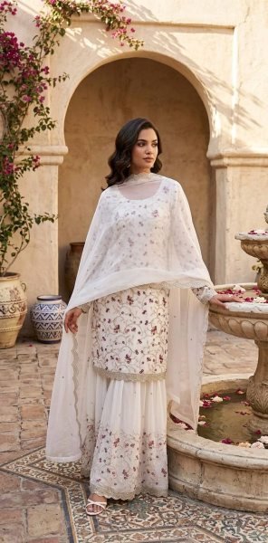 Elegant White Georgette Sharara Set with Zari and Thread Work for Festive Wear Ready To Wear Collection