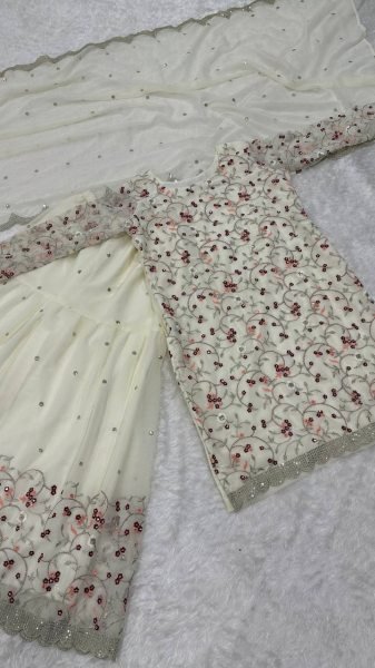Elegant White Georgette Sharara Set with Zari and Thread Work for Festive Wear Ready To Wear Collection