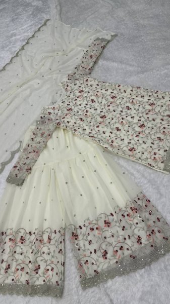 Elegant White Georgette Sharara Set with Zari and Thread Work for Festive Wear Ready To Wear Collection