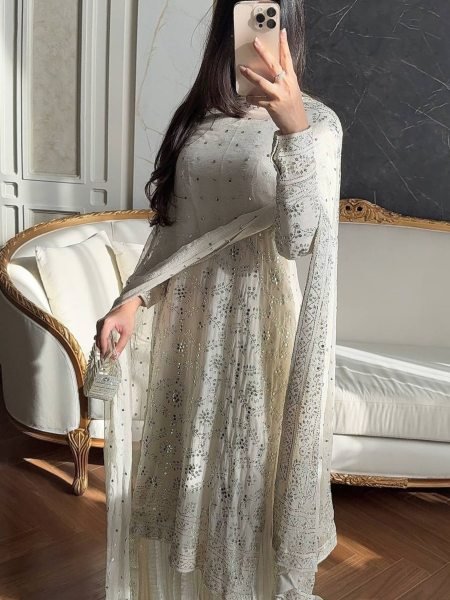 Elegant White Pakistani Straight Cut Dress Set for Wholesale and Resale Ready To Wear Suit