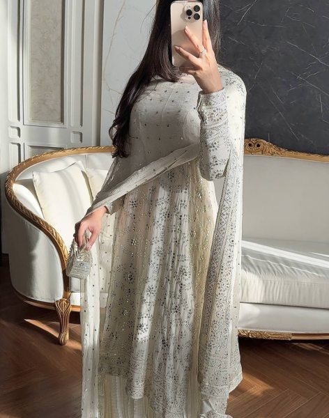 Elegant White Pakistani Straight Cut Dress Set for Wholesale and Resale Ready To Wear Collection