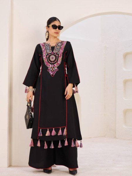 Graceful Black Tassel Co Ord Set in Rayon with Real Mirror Neckline
