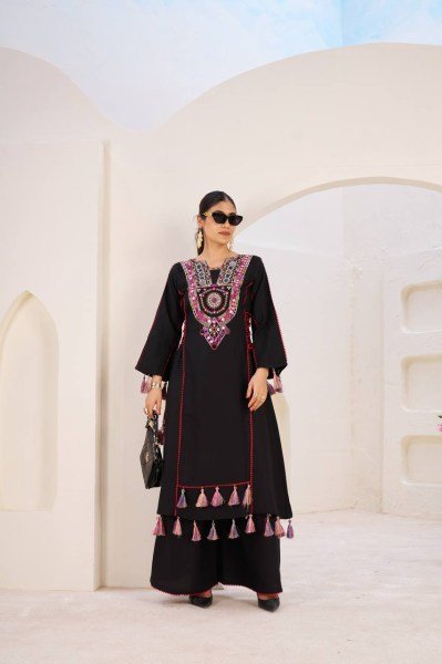 Graceful Black Tassel Co Ord Set in Rayon with Real Mirror Neckline Navratri Collection