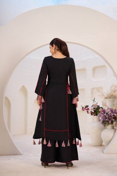 Graceful Black Tassel Co Ord Set in Rayon with Real Mirror Neckline Navratri Collection