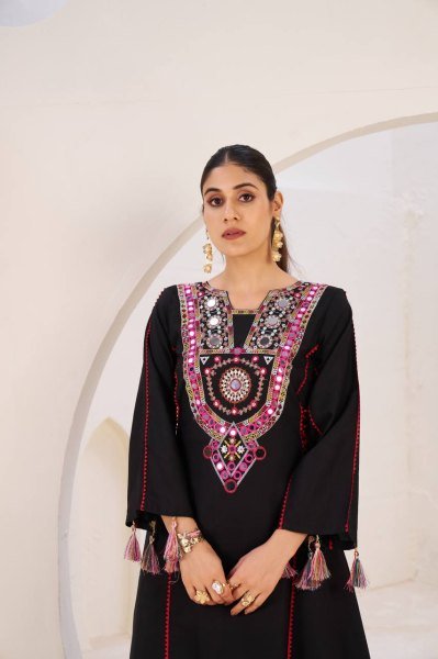 Graceful Black Tassel Co Ord Set in Rayon with Real Mirror Neckline Navratri Collection