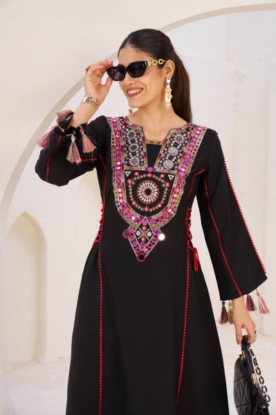 Graceful Black Tassel Co Ord Set in Rayon with Real Mirror Neckline Navratri Collection