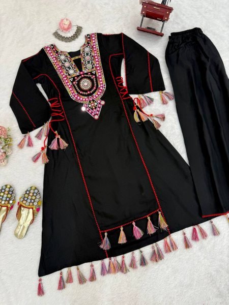 Graceful Black Tassel Co Ord Set in Rayon with Real Mirror Neckline Navratri Collection