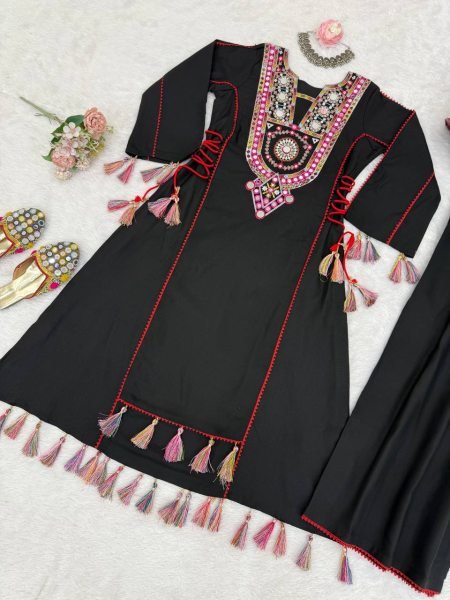 Graceful Black Tassel Co Ord Set in Rayon with Real Mirror Neckline Navratri Collection
