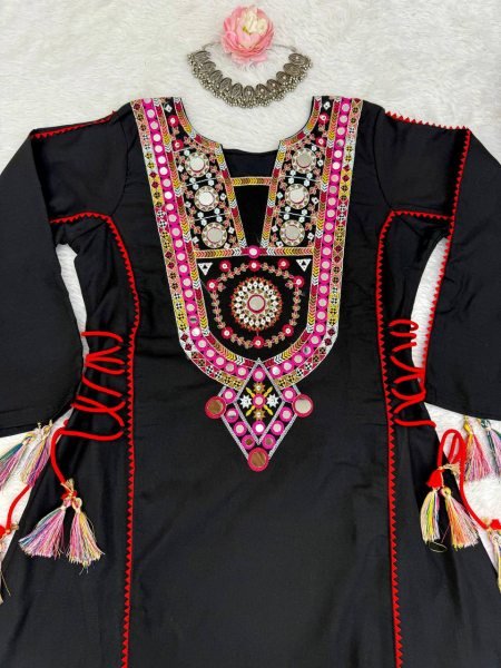 Graceful Black Tassel Co Ord Set in Rayon with Real Mirror Neckline Navratri Collection