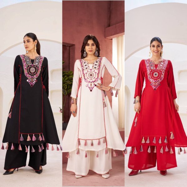 Graceful Black Tassel Co Ord Set in Rayon with Real Mirror Neckline Navratri Collection