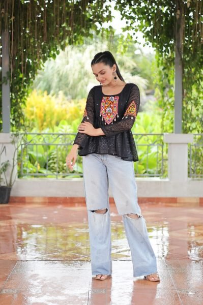 Stylish Black Schiffli Peplum Top with Kutchi Patch Trendy Navratri Outfit Navratri Collection