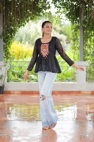 Stylish Black Schiffli Peplum Top with Kutchi Patch Trendy Navratri Outfit Navratri Collection