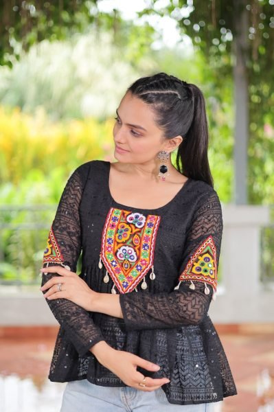 Stylish Black Schiffli Peplum Top with Kutchi Patch Trendy Navratri Outfit Navratri Collection