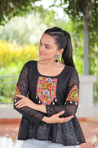 Stylish Black Schiffli Peplum Top with Kutchi Patch Trendy Navratri Outfit Navratri Collection