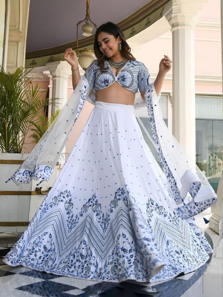 Elegant White Semi Stitched Satin Lehenga with Embroidered Net Dupatta 