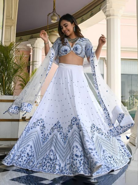 Elegant White Semi Stitched Satin Lehenga with Embroidered Net Dupatta Designer Lehenga Choli