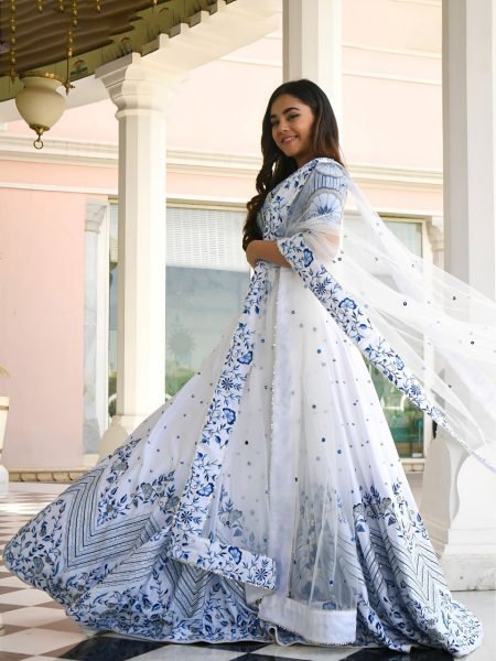 Elegant White Semi Stitched Satin Lehenga with Embroidered Net Dupatta Designer Lehenga Choli