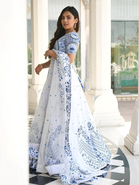 Elegant White Semi Stitched Satin Lehenga with Embroidered Net Dupatta Designer Lehenga Choli