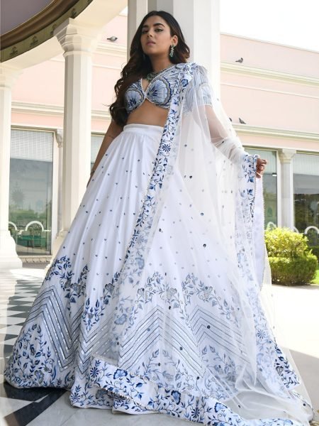 Elegant White Semi Stitched Satin Lehenga with Embroidered Net Dupatta Designer Lehenga Choli