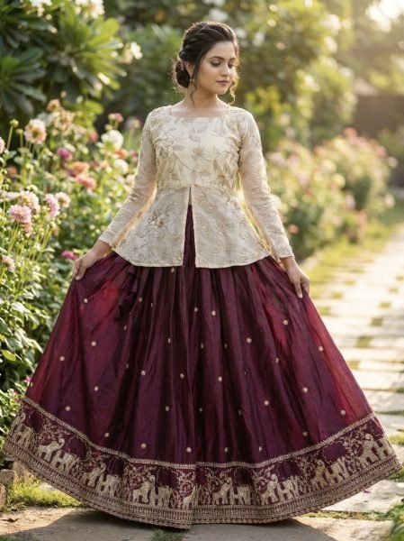 Elegant Wine Color Lehenga Choli with Zari Work for Festive Functions Ready To Wear Collection