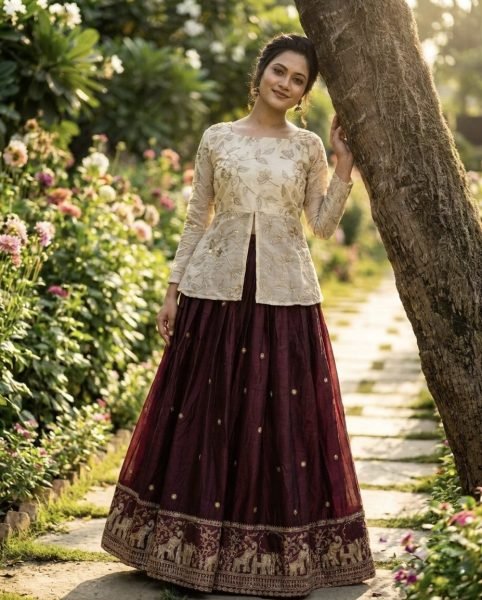 Elegant Wine Color Lehenga Choli with Zari Work for Festive Functions Ready To Wear Collection
