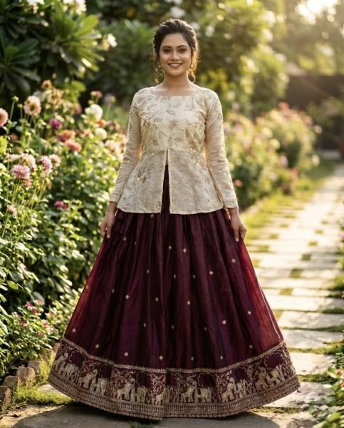 Elegant Wine Color Lehenga Choli with Zari Work for Festive Functions Ready To Wear Collection