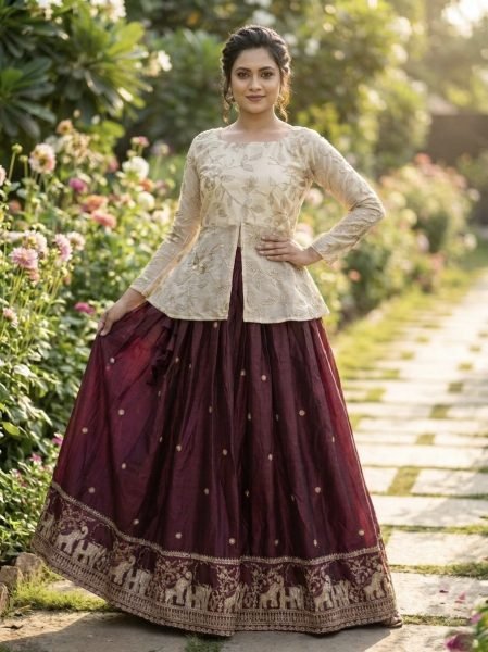 Elegant Wine Color Lehenga Choli with Zari Work for Festive Functions Ready To Wear Collection