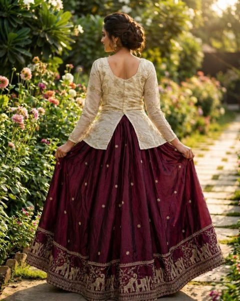 Elegant Wine Color Lehenga Choli with Zari Work for Festive Functions Ready To Wear Collection