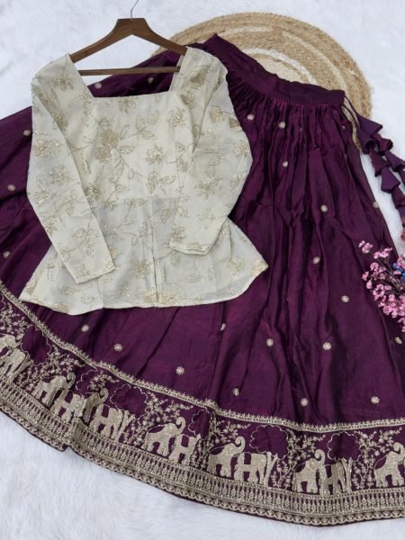 Elegant Wine Color Lehenga Choli with Zari Work for Festive Functions Ready To Wear Collection