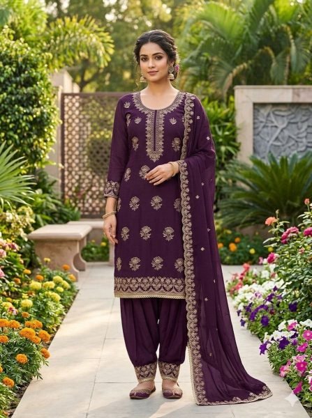 Elegant Wine Designer Vichitra Silk Suit Fabric Set with Santoon Bottom and Dupatta Color Set Matching Dress Material Wholesale
