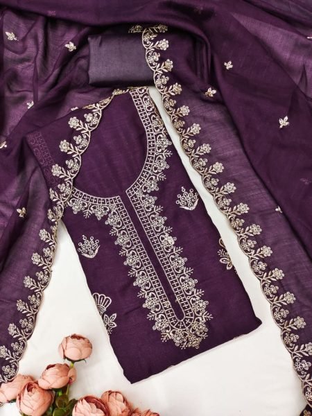 Elegant Wine Designer Vichitra Silk Suit Fabric Set with Santoon Bottom and Dupatta Color Set Matching Dress Material Wholesale
